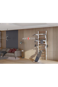 Drabinka gimnastyczna z poziomym drążkiem, drążkami, ławką i stojakiem barowym to biały Artikos PREMIUM