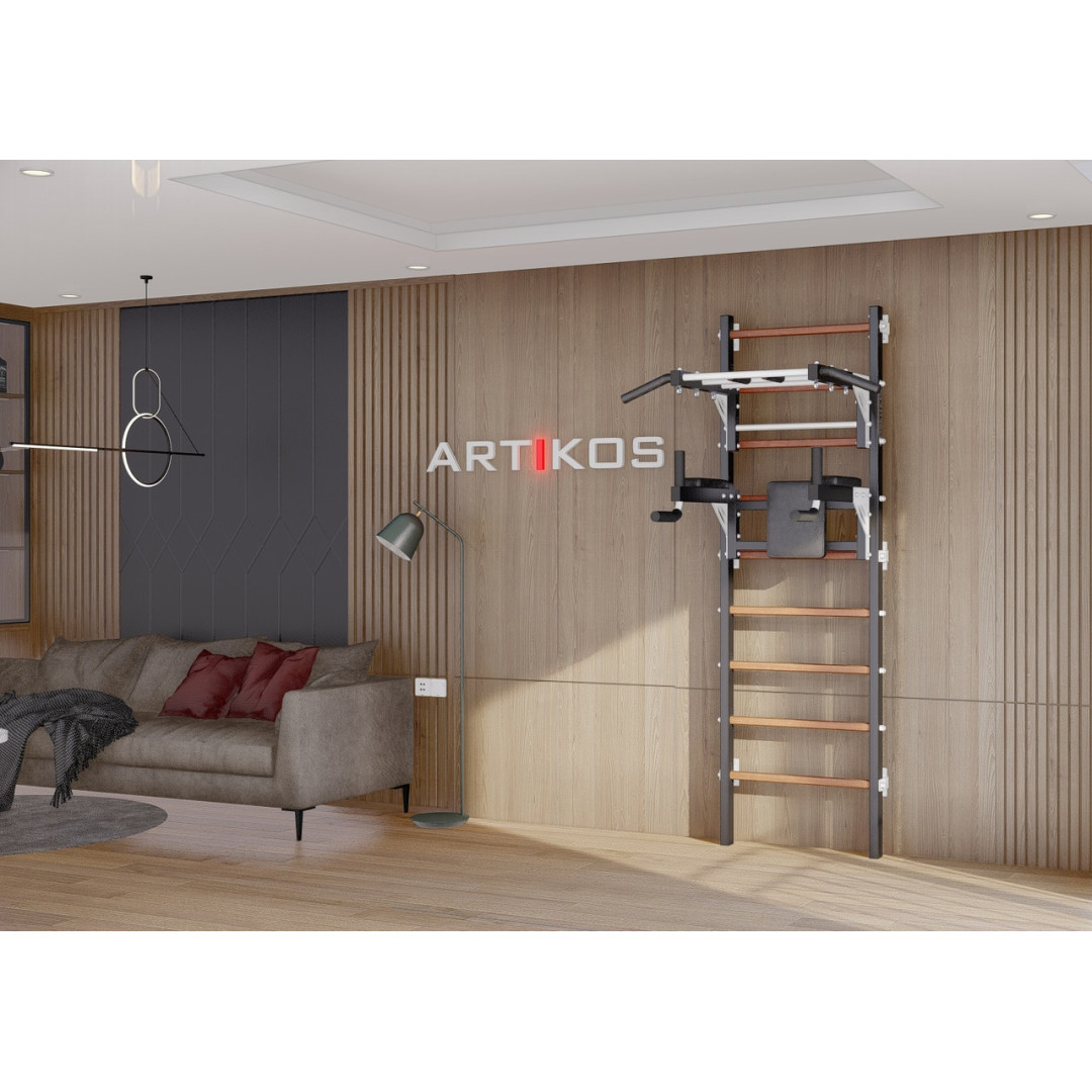 Drabinka gimnastyczna z poziomym drążkiem i kratami czarno-białymi Artikos PREMIUM