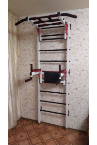 Drabinka gimnastyczna z poziomym drążkiem, drążkami i ławką ARTKOS jest w kolorze białym z czerwonymi i czarnymi elementami