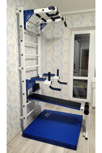 Drabinka gimnastyczna z poziomymi prętami i kratami ARTikOS wzmocniona bielą z niebieskimi elementami