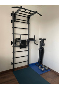 Drabinka gimnastyczna z poziomym drążkiem, drążkami i ławką ARTKOS wzmocniona szarością